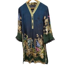 Blue and Green‎ Embellished Wrap Midi Dress with Bell Sleeves